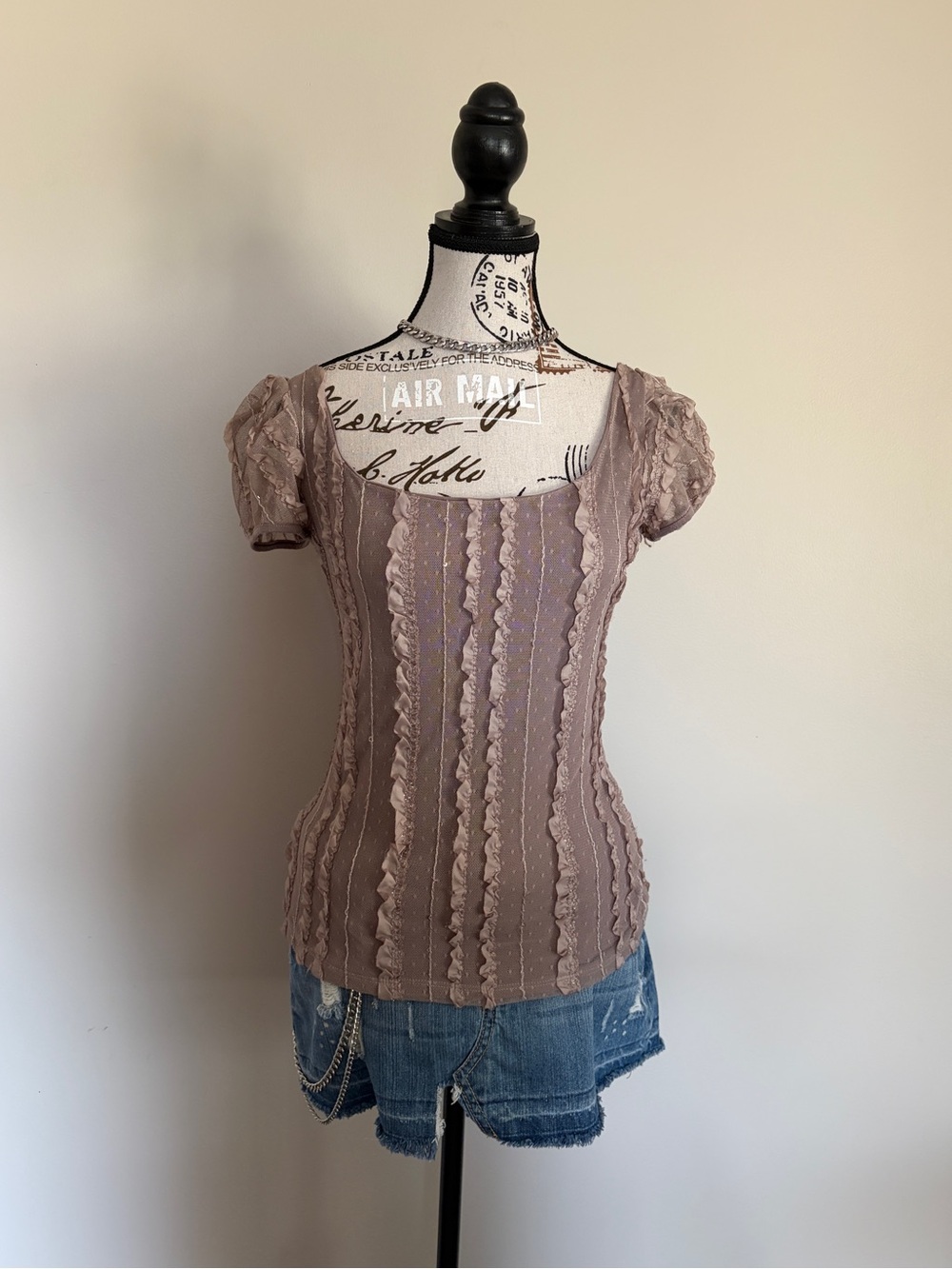 Y2K Light Brown Fairycore Puff Sleeve Swiss Dot Ruffle Lace Top